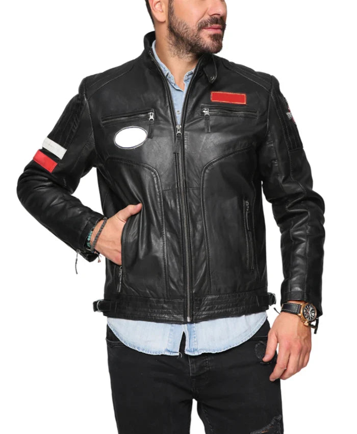 Men’s Patched Leather Cafe Racer Biker Jacket