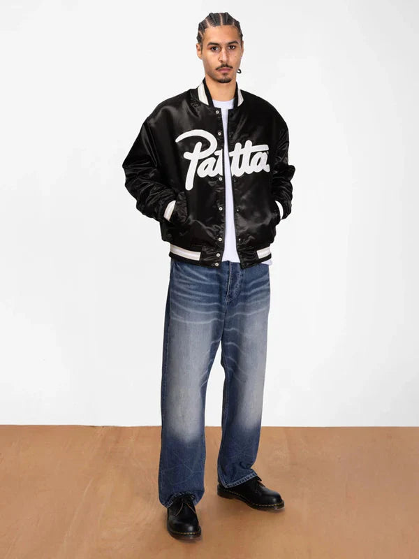 Patta Script Logo Satin Varsity Jacket In Black