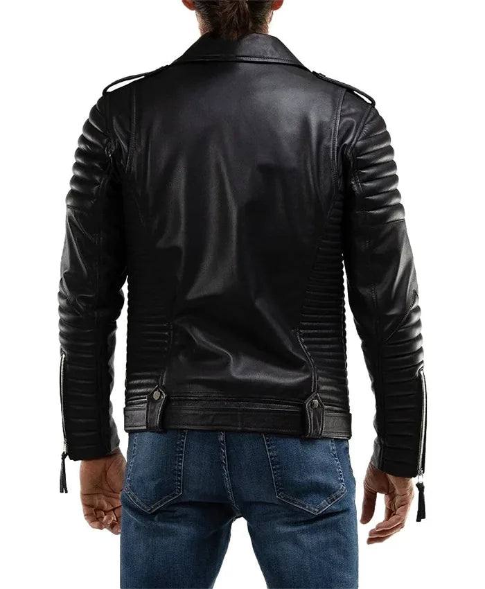 Men’s Quilted Black Leather Biker Jacket Back