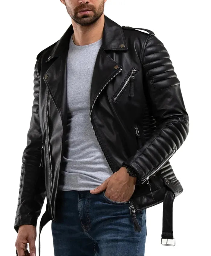 Men’s Quilted Black Leather Biker Jacket For Men