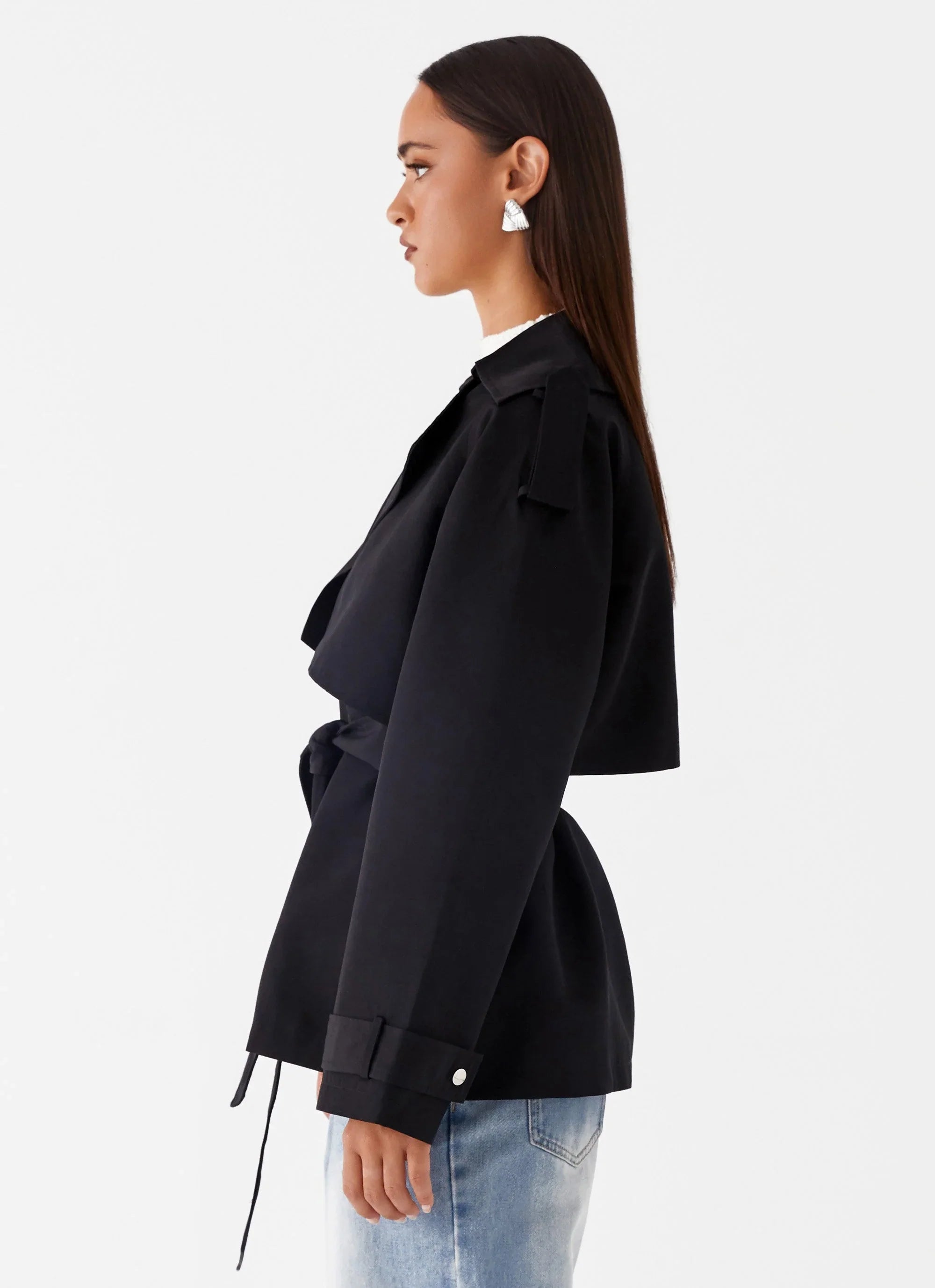 Minimal black cropped trench coat style