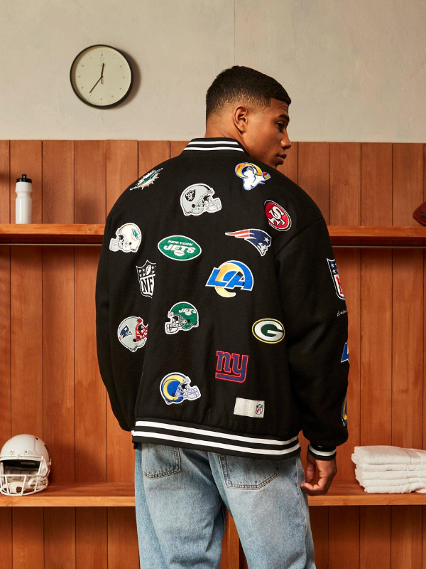 Nfl Oversized Melton Multi Badge Bomber Jacket