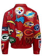 NFL Collage Patch Red Leather Bomber Jacket