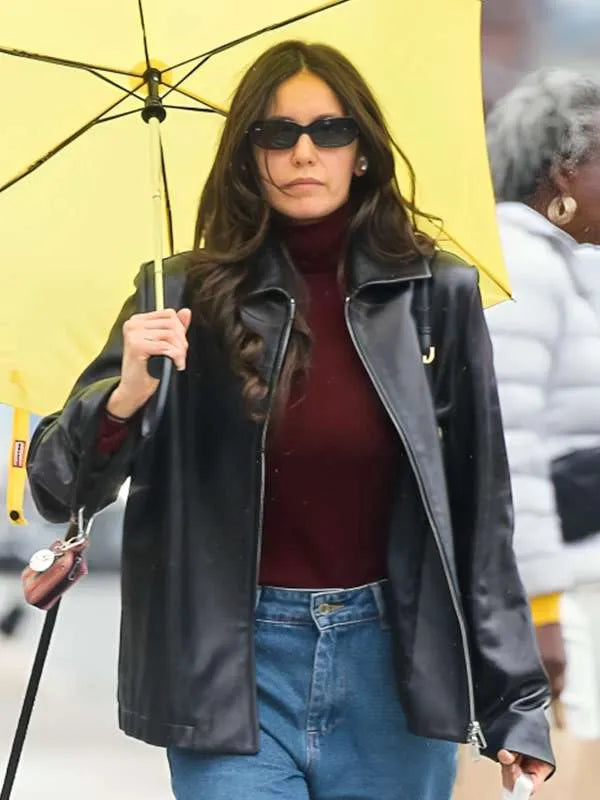 NYC 2026 Nina Dobrev Black Leather Jacket