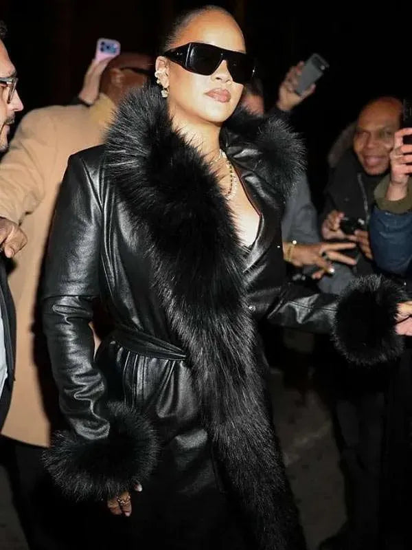NYC 2026 Rihanna Black Fur Trim Coat