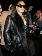 NYC 2026 Rihanna Black Fur Trim Coat
