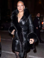 NYC 2026 Rihanna Black Fur Trim Coat