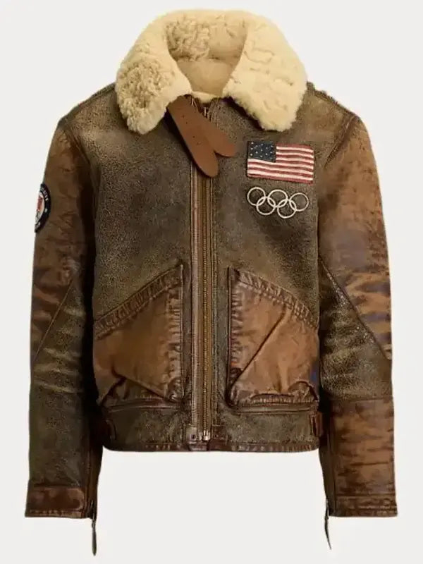 Olympics 2026 Team USA Brown Flight Leather Jacket