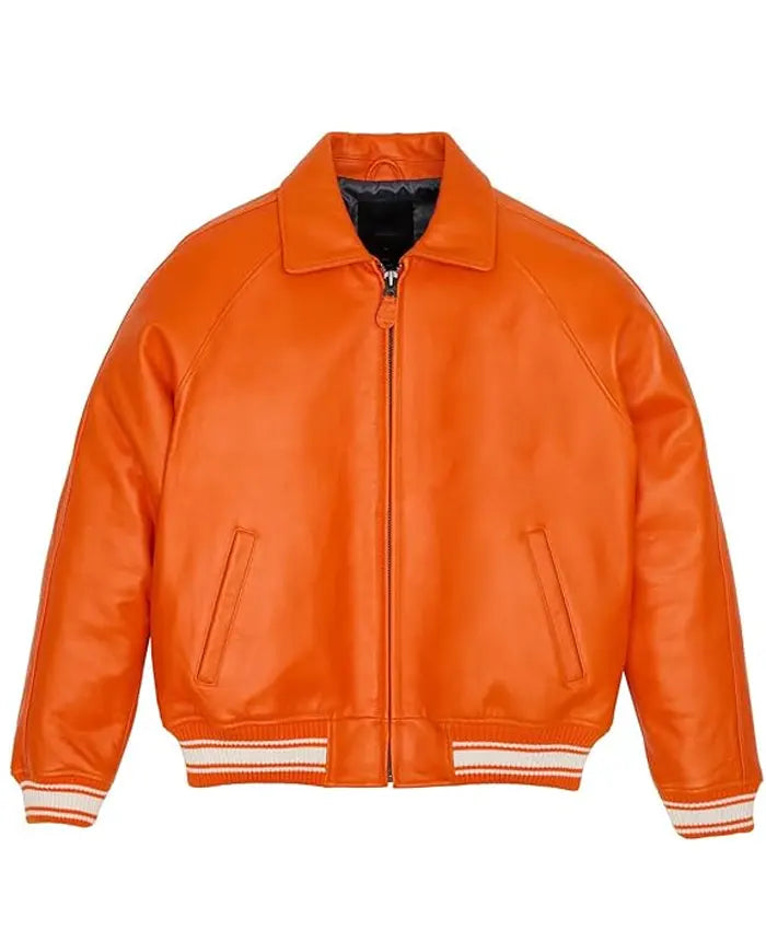 Orange PU Leather Bomber Jacket