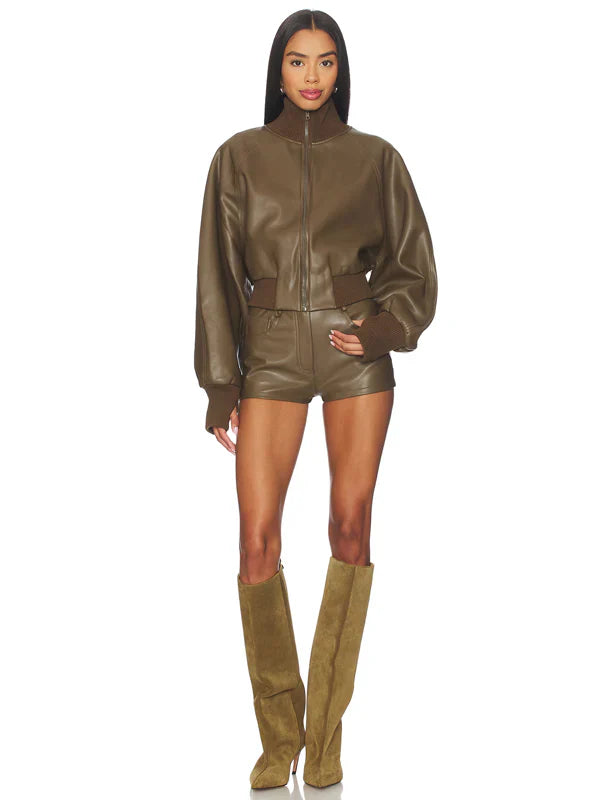 Norma Kamali Oversized Turtleneck Bomber Jacket In Bark