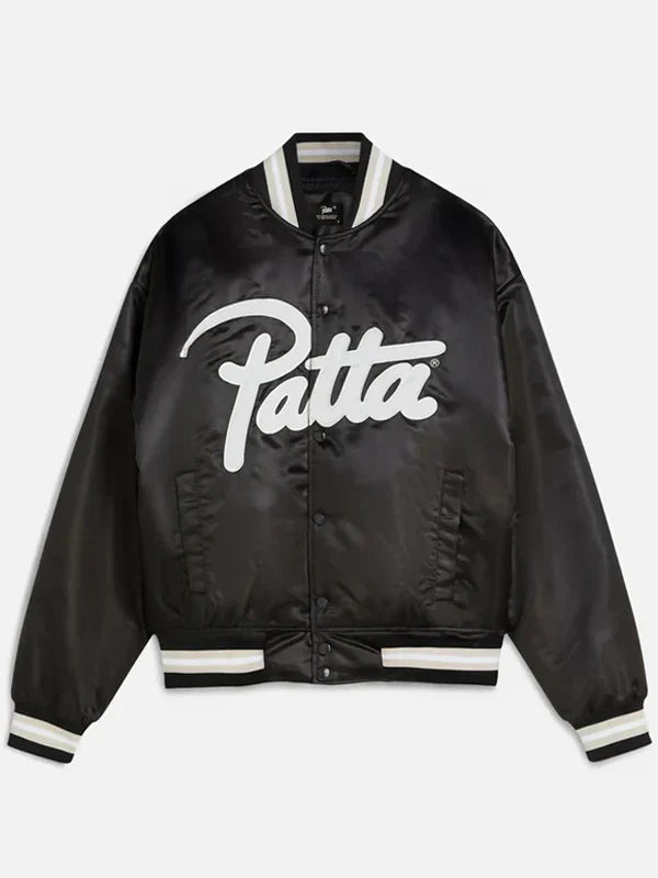Patta Script Logo Satin Varsity Jacket In Black