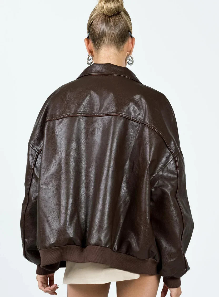Princess Polly Goldsmith Faux Leather Bomber Jacket Brown