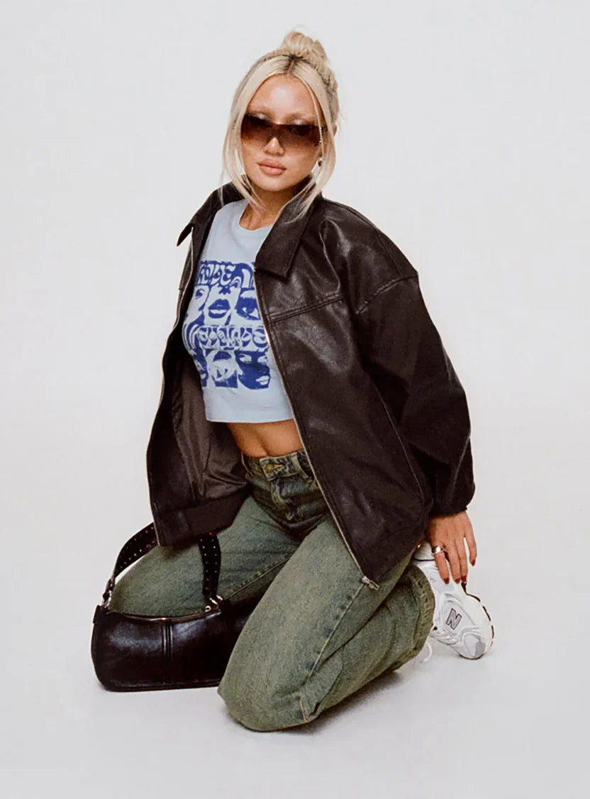 Princess Polly Goldsmith Faux Leather Bomber Jacket Brown