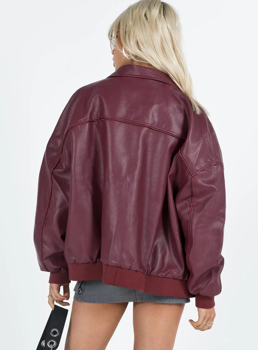 Princess Polly Goldsmith Faux Leather Bomber Jacket Burgundy