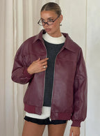 Princess Polly Goldsmith Faux Leather Bomber Jacket Burgundy