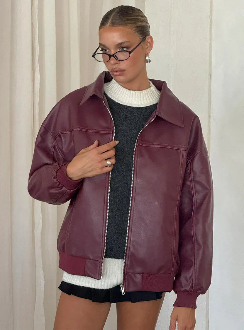 Princess Polly Goldsmith Faux Leather Bomber Jacket Burgundy