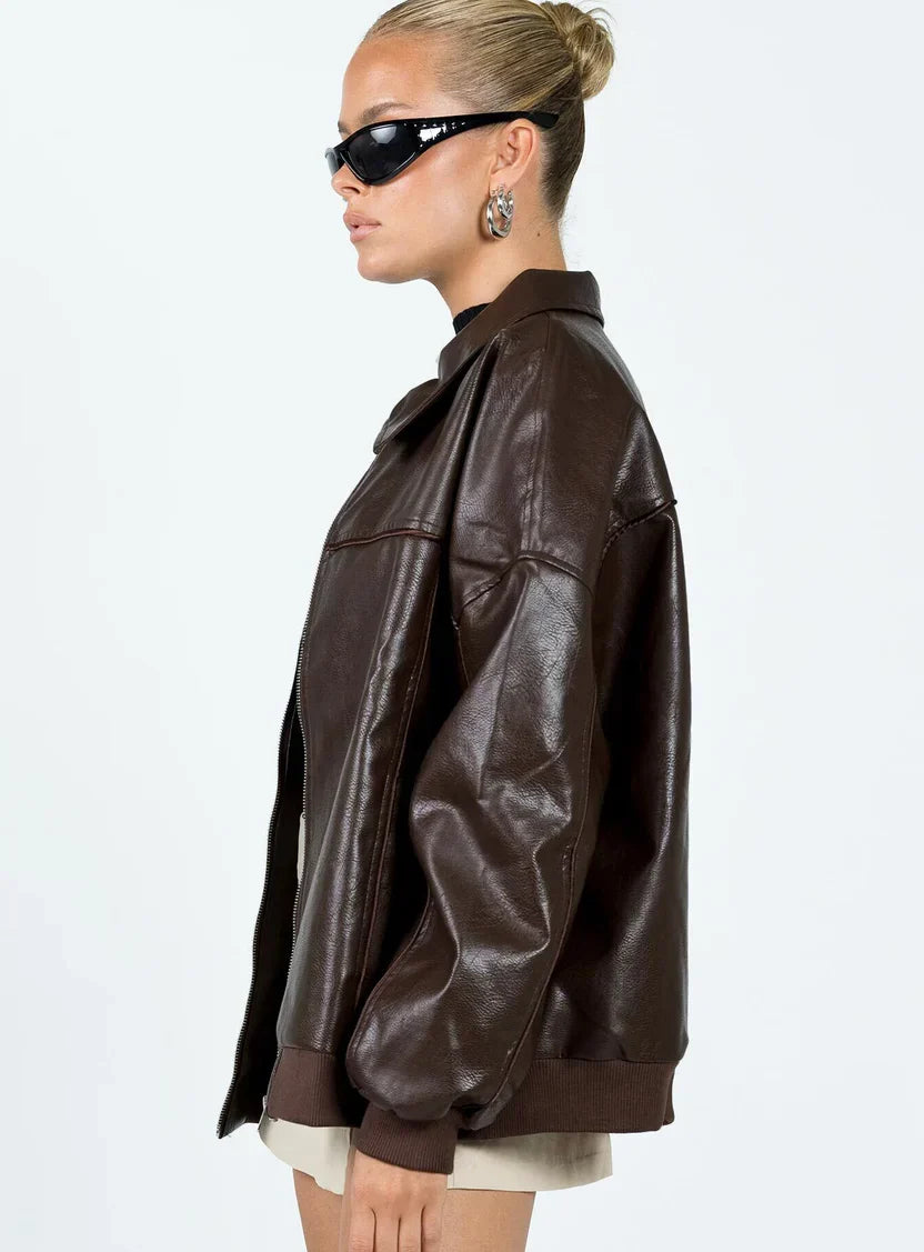 Princess Polly Goldsmith Faux Leather Bomber Jacket Brown