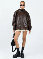 Princess Polly Goldsmith Faux Leather Bomber Jacket Brown