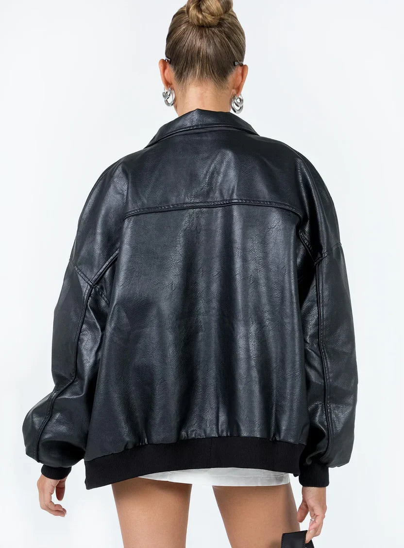Princess Polly Goldsmith Faux Leather Bomber Jacket Black