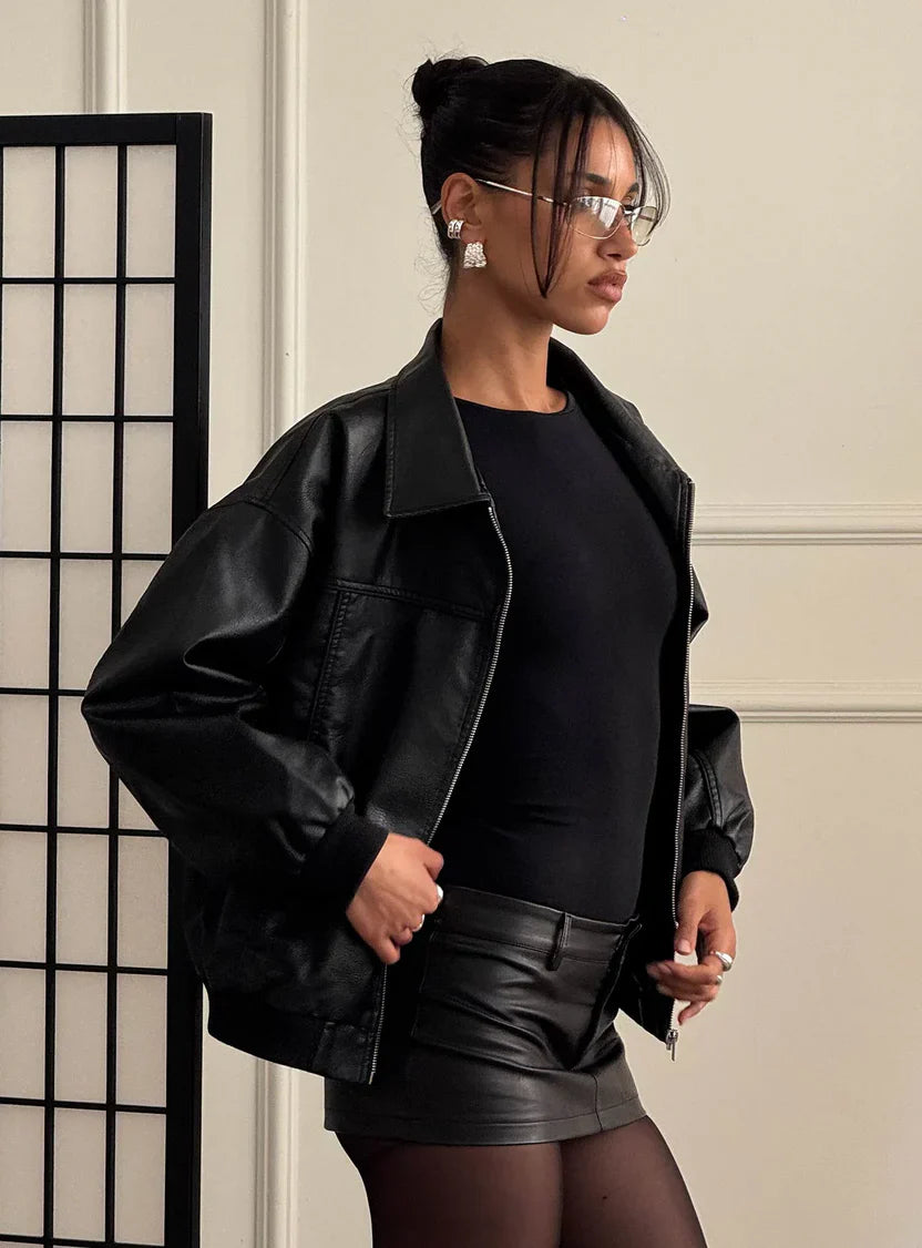 Princess Polly Goldsmith Faux Leather Bomber Jacket Black