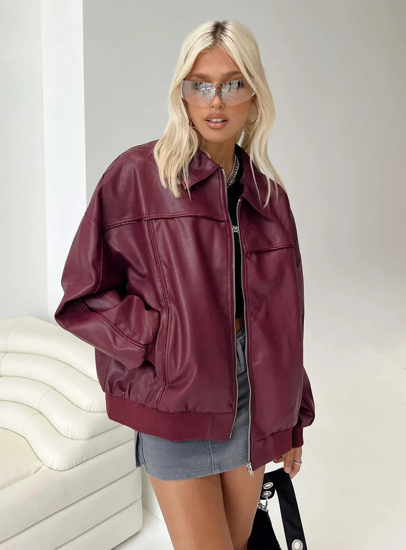 Princess Polly Goldsmith Faux Leather Bomber Jacket Burgundy