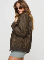 Princess Polly Goldsmith Faux Leather Bomber Jacket Washed Dark Brown