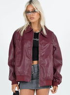 Princess Polly Goldsmith Faux Leather Bomber Jacket Burgundy