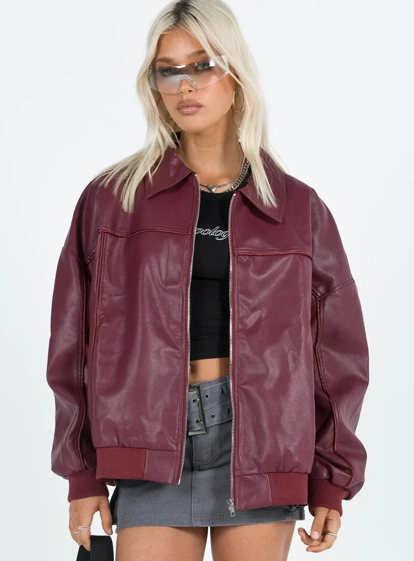 Princess Polly Goldsmith Faux Leather Bomber Jacket Burgundy