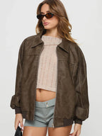 Princess Polly Goldsmith Faux Leather Bomber Jacket Washed Dark Brown