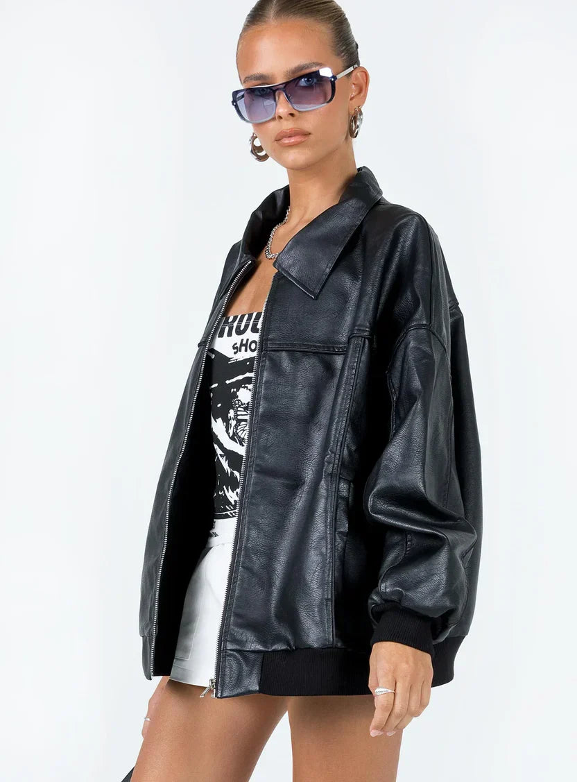 Princess Polly Goldsmith Faux Leather Bomber Jacket Black