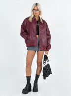 Princess Polly Goldsmith Faux Leather Bomber Jacket Burgundy