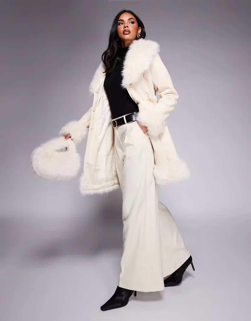Princess Polly Simmer Lane suedette faux fur trim belted longline penny lane coat