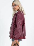 Princess Polly Goldsmith Faux Leather Bomber Jacket Burgundy