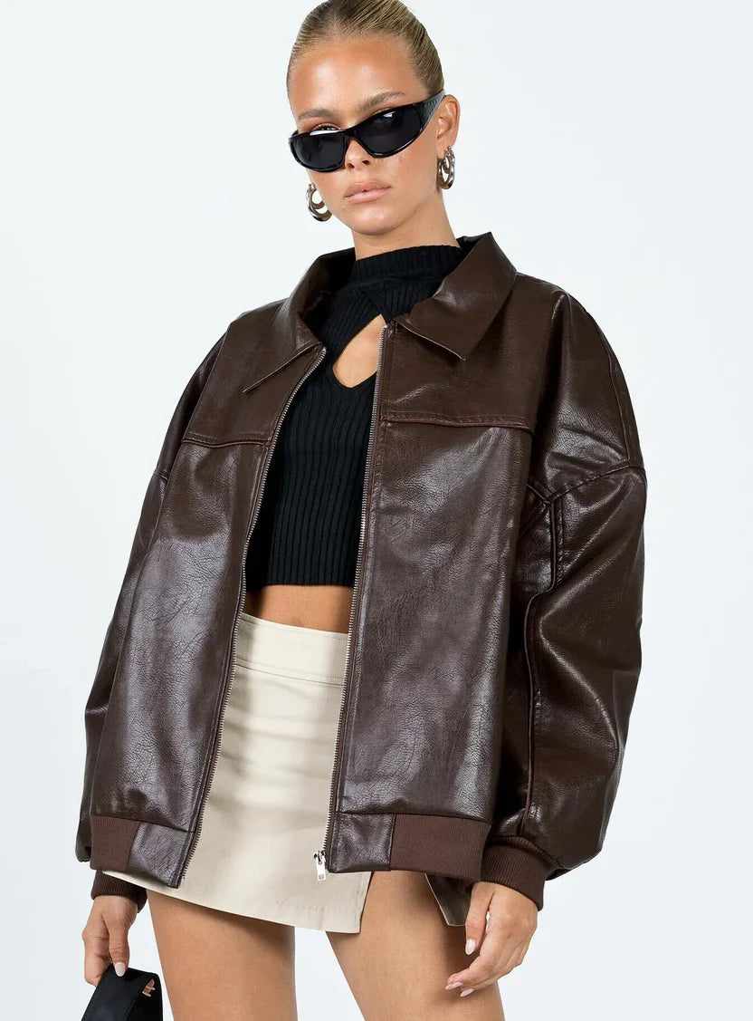 Princess Polly Goldsmith Faux Leather Bomber Jacket Brown