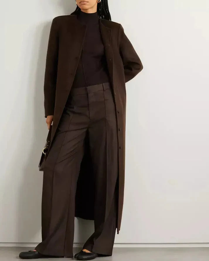 Rosario Womens Collarless Chocolate Brown Wool Trench Coat