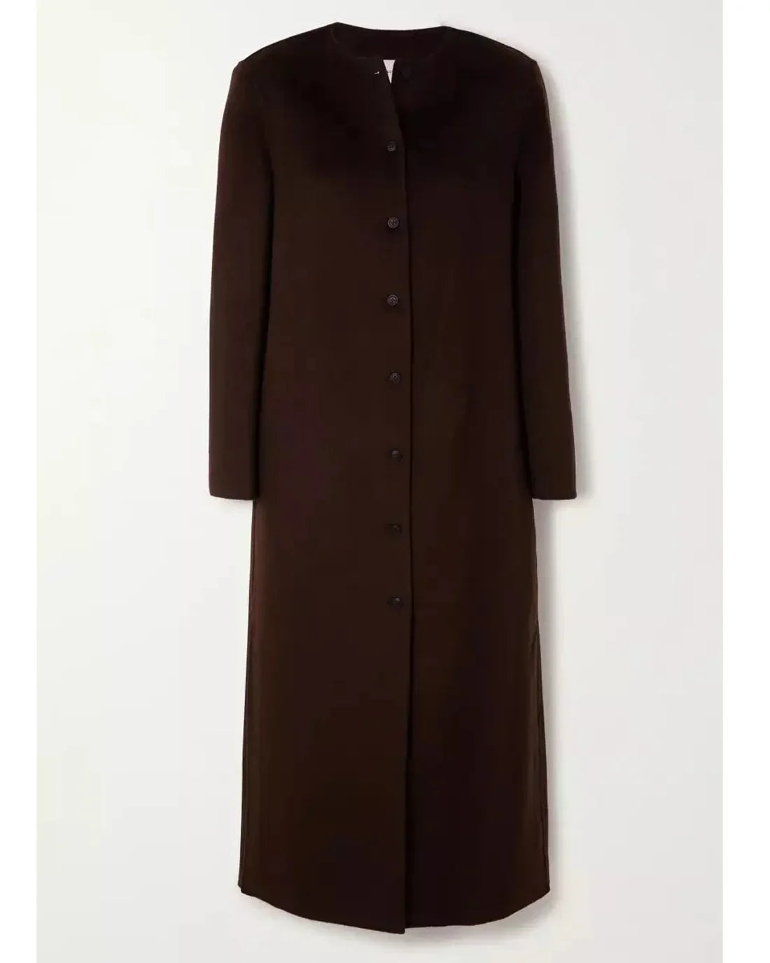 Rosario Womens Collarless Chocolate Brown Wool Trench Coat For Sale