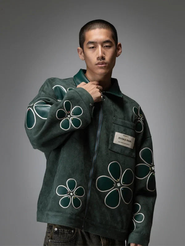 Ryoko Rain Green Floral Suede Work Jacket
