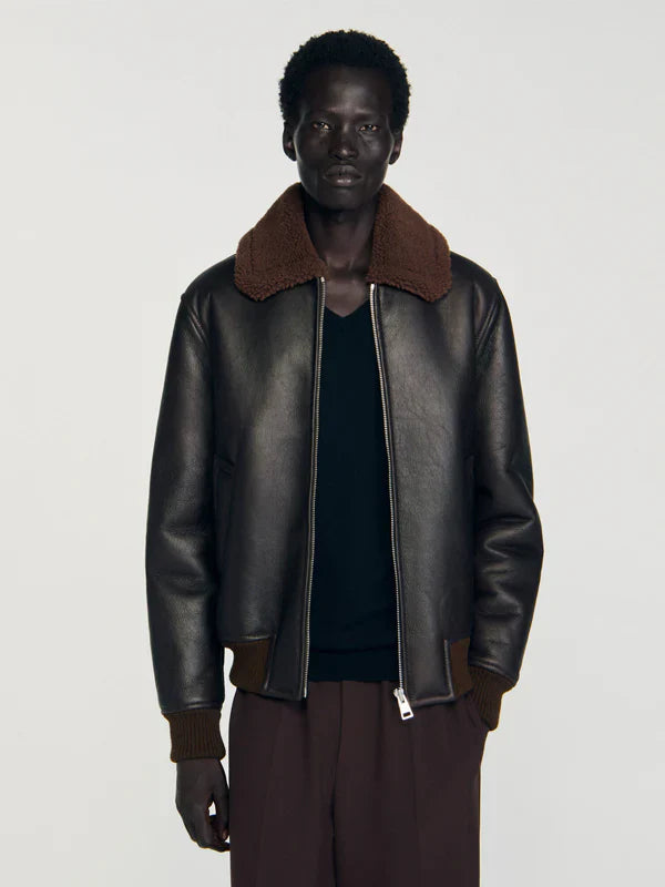 Sandro Leather Jacket With Fur Collar