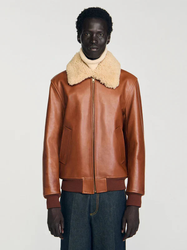 Sandro Leather Jacket With Fur Collar