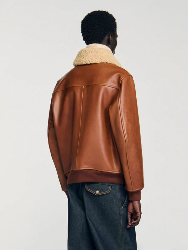 Sandro Leather Jacket With Fur Collar