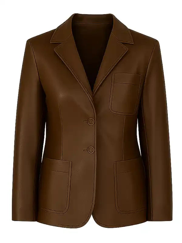 Scream-7-Isabel-May-Brown-Leather-Blazer-FrontView
