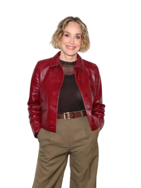 NYC 2026 Sharon Stone Red Leather Jacket