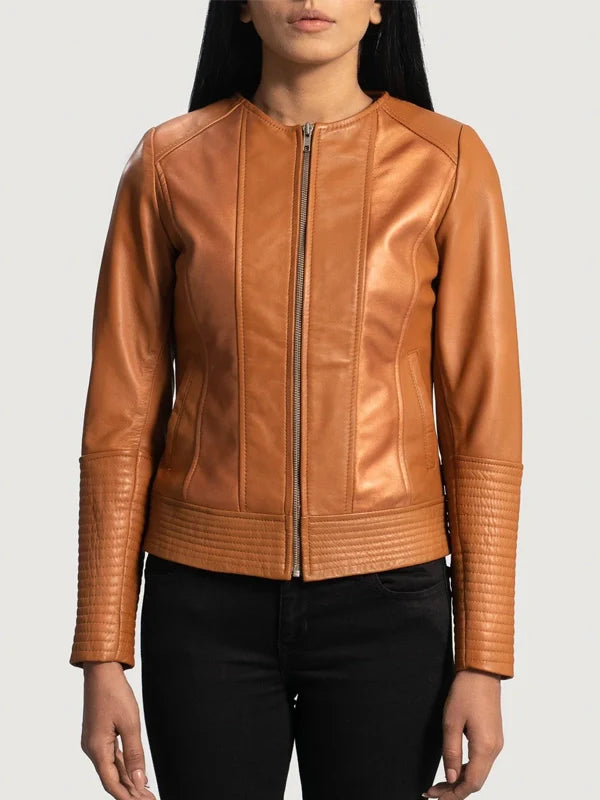 Sleeky Clean Tan Leather Biker Jacket