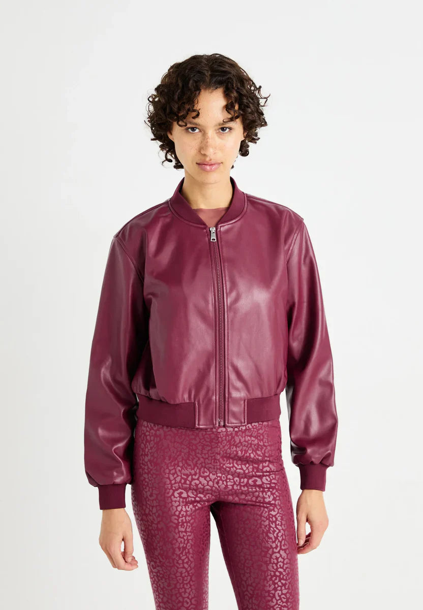 Burgundy Leather Bomber Jacket Women