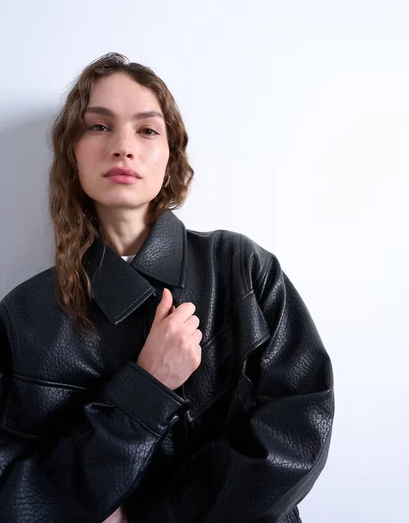 Topshop Oversized Faux Leather Bubble Boxy Zip Up Bomber Jacket In Black
