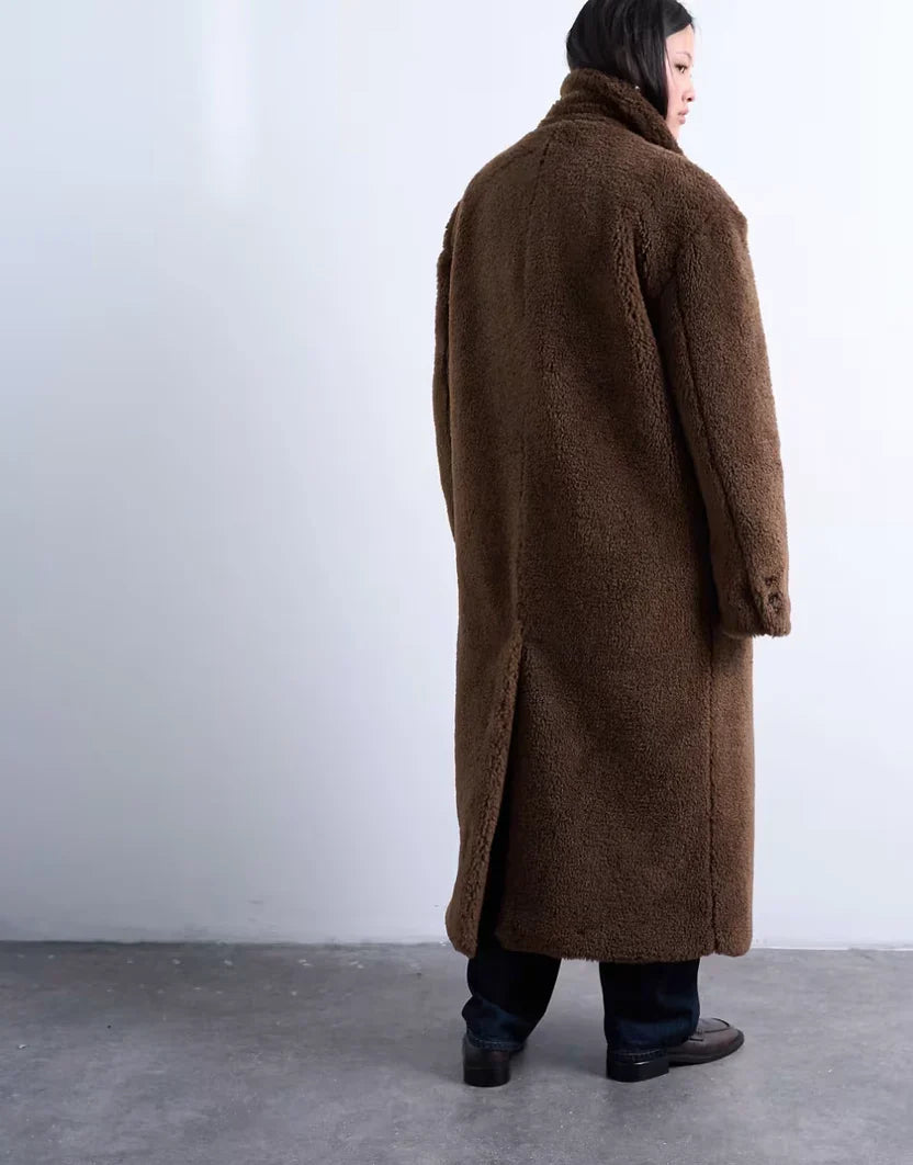 Topshop Double Breasted Teddy Longline Coat In Brown