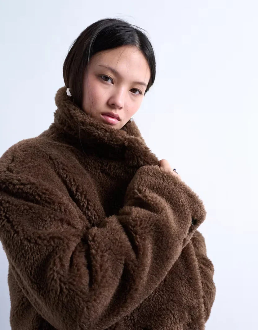 Topshop Double Breasted Teddy Longline Coat In Brown