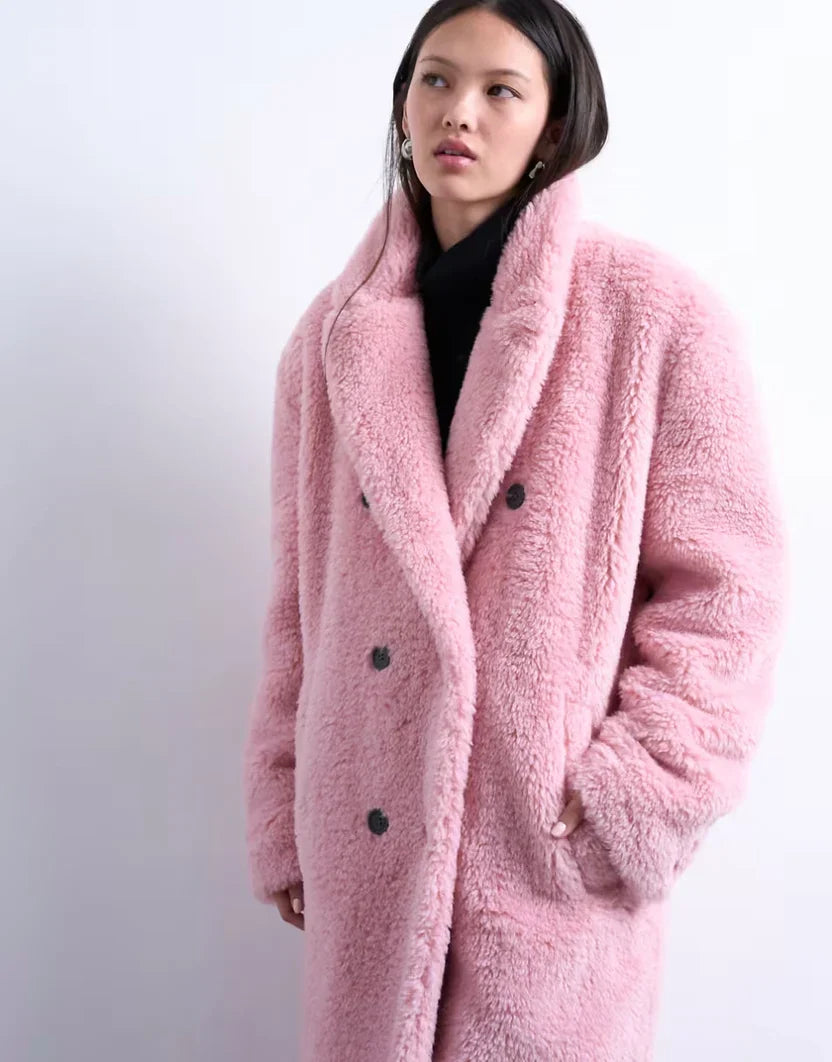 Topshop Double Breasted Teddy Longline Coat In Pink