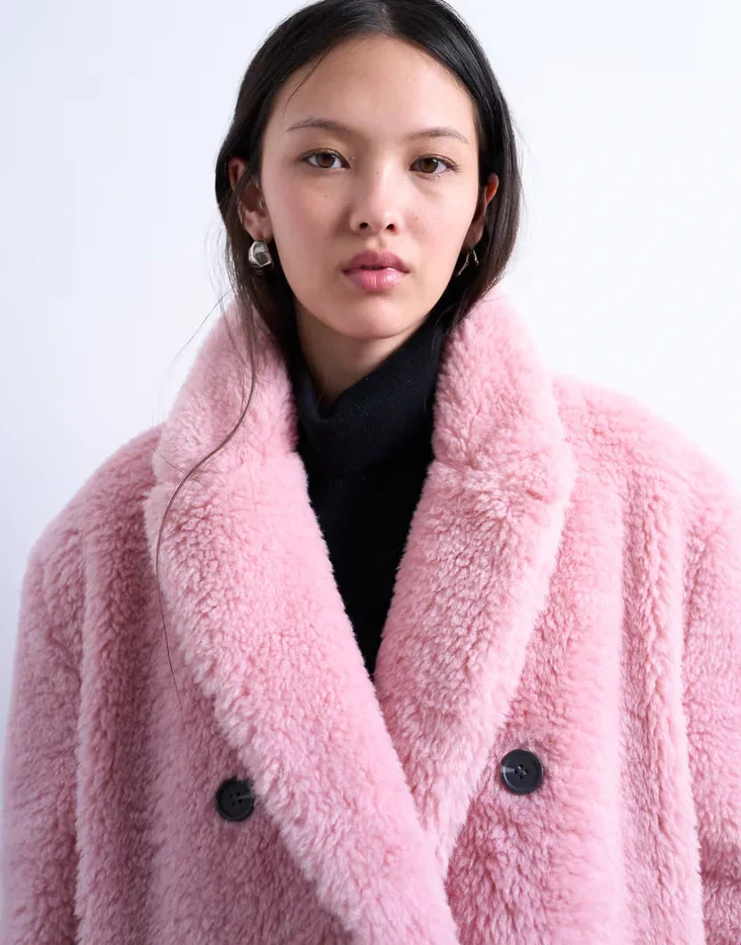 Topshop Double Breasted Teddy Longline Coat In Pink