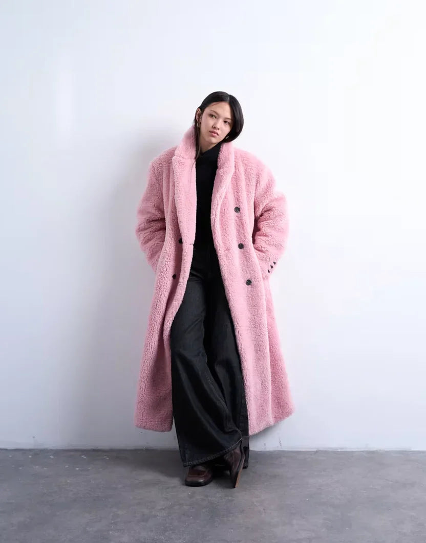 Topshop Double Breasted Teddy Longline Coat